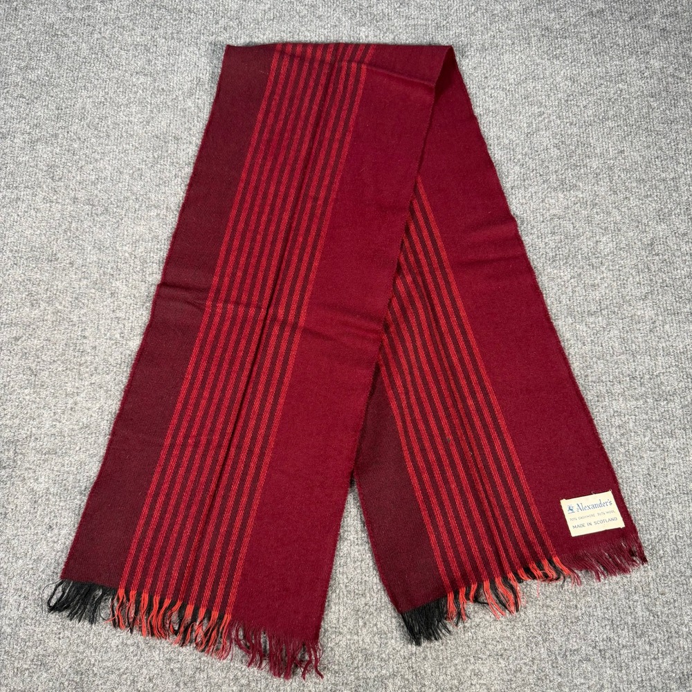 Alexander's Scotland Cashmere Wool Scarf Burgundy Red Striped Fringed #4474